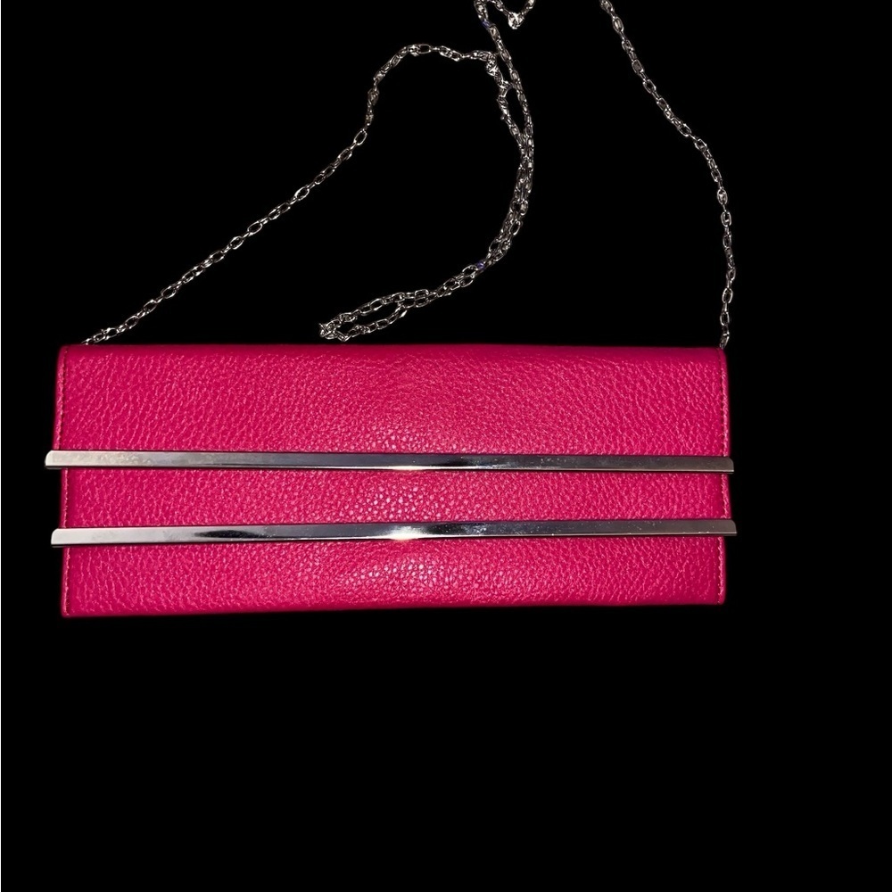Chic Pink Clutch with Silver Accents Long Chain Strap